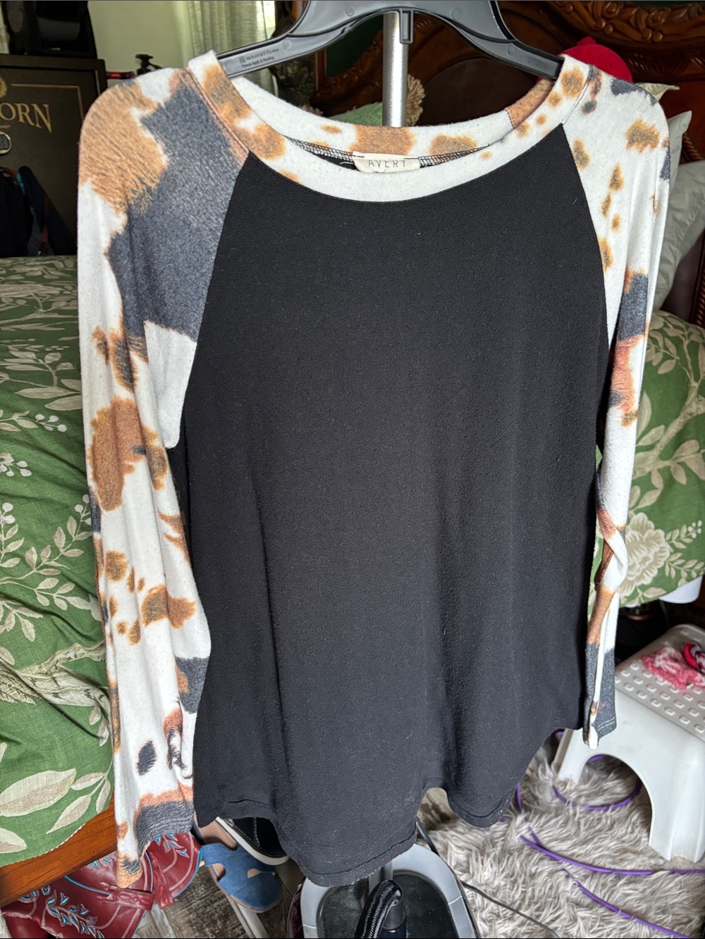 Soft chic Black Raglan Top with Brown Cow print Sleeves